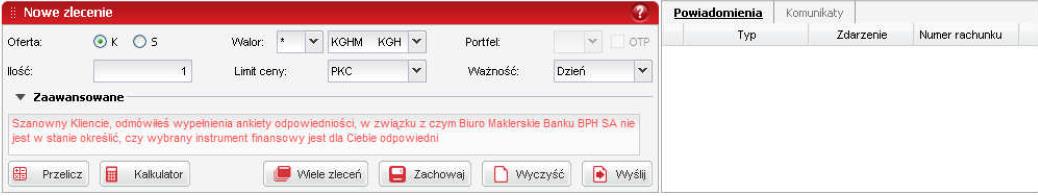 d) Formatka Nowe zlecenie służąca do składania zleceń zawsze znajduje się na dole ekranu i jest