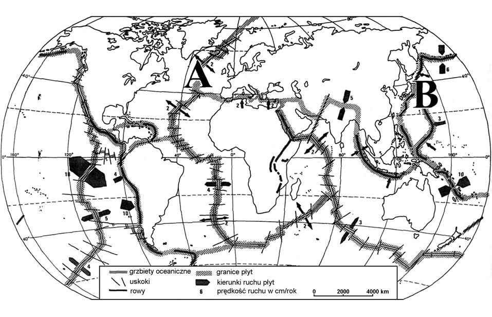 Geologia poziom rozszerzony, ćwiczenia Zadanie 1. (2 pkt) Na mapie przedstawiono granice i kierunki ruchu płyt litosfery.
