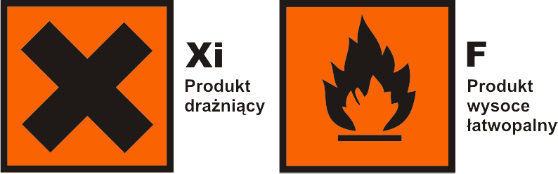 Elementy oznakowania: F wysoce łatwopalny Xi drażniący Zwroty wskazujące rodzaj zagrożenia: R 11 Produkt wysoce łatwopalny. R 19 Może tworzyć wybuchowe nadtlenki.