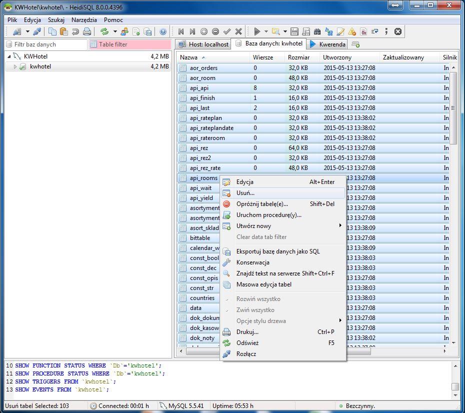 c) Usuwanie niepoprawnie utworzonych tabel Czasem, w momencie importowania danych z programu KWHotel Free/Standard, możemy natrafić na problem z dokonaniem tego importu (Przykładowo z powodu nagłego