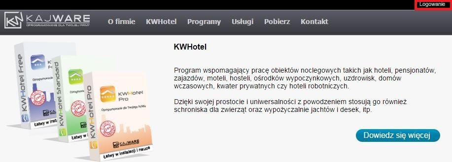 Krok 1. - POBRANIE PROGRAMU 1. Wchodzimy na stronę internetową www.kajware.pl. W prawym górnym rogu znajduje się opcja Logowanie. 2.