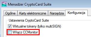 2.2. Instalacja na kartę z innym certyfikatem Opcję Włącz CCMonitor znajdującą się w zakładce Konfiguracja w oknie Menadżer CryptoCard Suite należy odznaczyć, zaś opcję Wirtualne tokeny należy