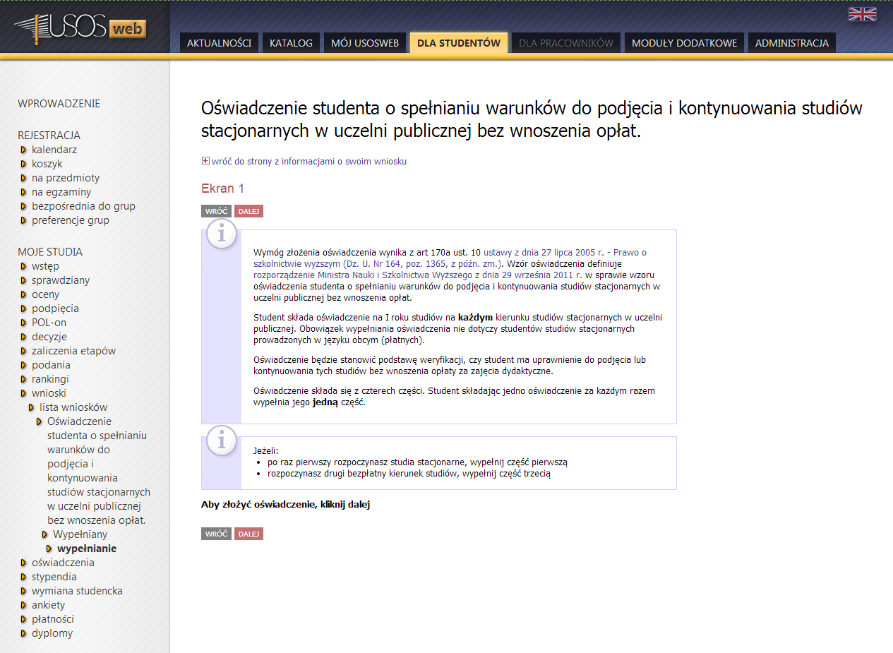 Rysunek 2 Zgodnie z wyświetloną informacją oświadczenie składa się z czterech części, a student powinien wybrać dokładnie jedną z nich, odpowiadającą jego aktualnej sytuacji.