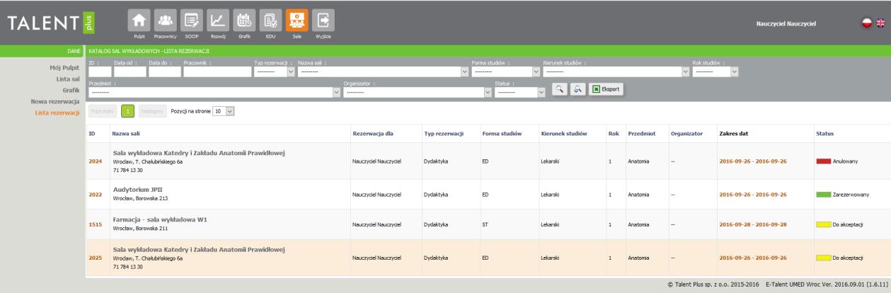 Informacja o statusie zgłoszenia jest dostępna w zakładce Lista rezerwacji i osiągnie status: żółty - do akceptacji, zielony - zarezerwowana, czerwony - anulowana.