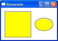 39/58 Łączenie kształtów przy pomocy GeometryGroup To najprostszy sposób połączenie geometrii: <Path Fill="Yellow" Stroke="Blue" Margin="5" Canvas.Top="10" Canvas.Left="10" > <Path.
