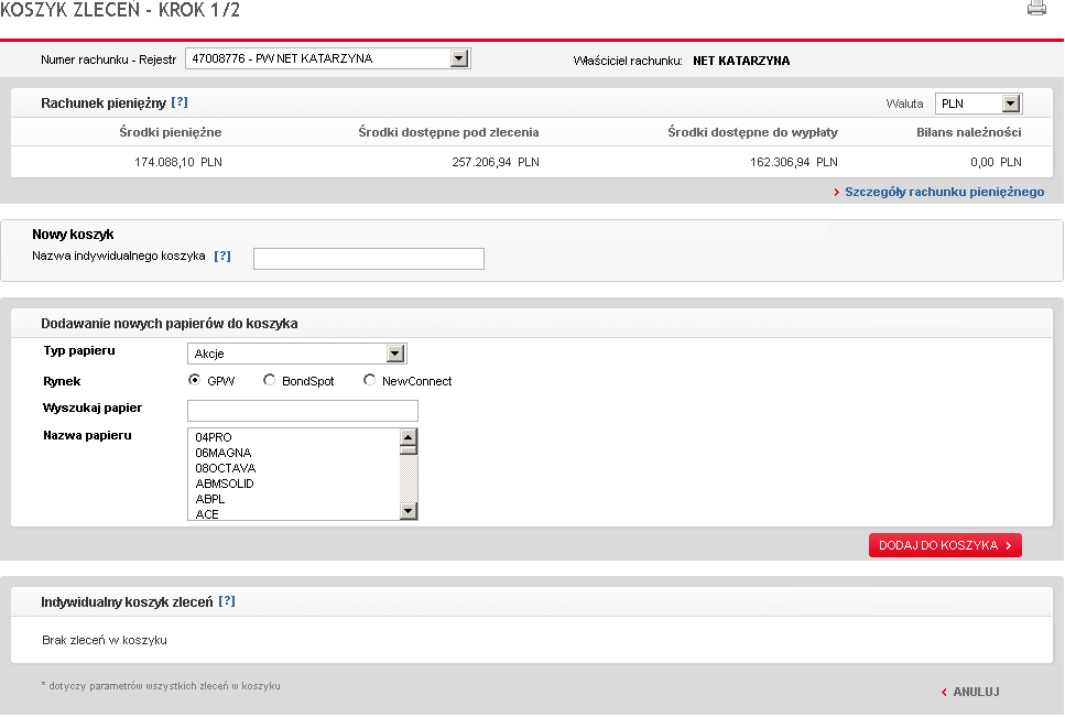 Rys. 7.2 - Definiowanie koszyka zleceń Definiując nowy koszyk, w polu Nazwa indywidualnego koszyka, należy podać ustaloną przez siebie nazwę.