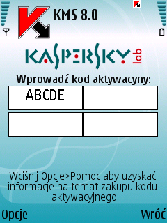 Na ekranie urządzenia zostanie wyświetlone okno aktywacyjne aplikacji Kaspersky Mobile Security (Rysunek 3). Rysunek 3: Okno aktywacyjne programu 5. Wprowadź kod w czterech polach.