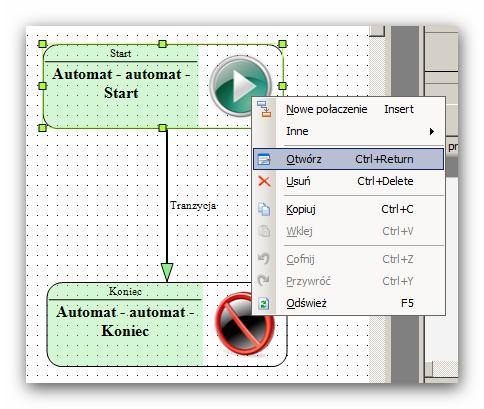 Rysunek 2 Definicje przepływów W graficznym edytorze procesu należy kliknąć PPM (prawy przycisk myszy) na elemencie procesu Start i kliknąć Otwórz. (rys.