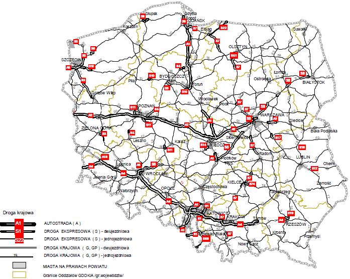 Transport samochodowy Sieć dróg krajowych, stan na dzień 20