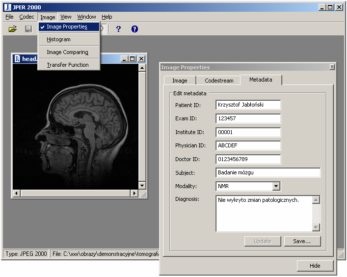 Rys. 4.8 Okno parametrów kodera JPEG. Informacje o obraze.