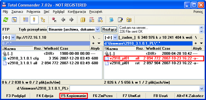 - nastąpi wysyłanie firmware z rozszerzeniem.all.