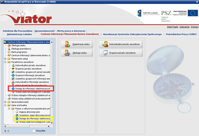 2. CIiPKZ - Centrum Informacji i Planowania Kariery Zawodowej 2.1 Usunięto pozycję Dostęp do informacji i elektronicznych baz danych z menu Poradnictwo zawodowe.