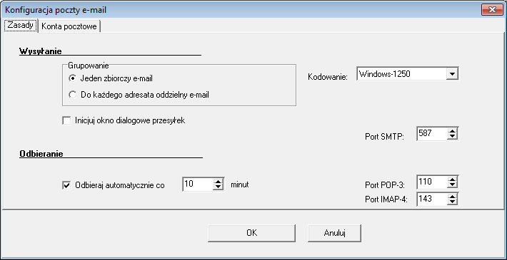 Pierwsza zakładka okna konfiguracyjnego wiadomości e-mail zawiera zasady wysyłania i odbierania wiadomości, druga natomiast umożliwia zdefiniowanie kont pocztowych.