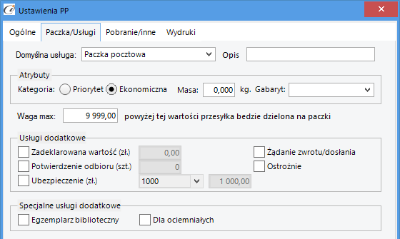 (rys. 16) Ustawienia PP Ogólne Paczka i usługi w których definiujemy domyślne ustawienia paczki.