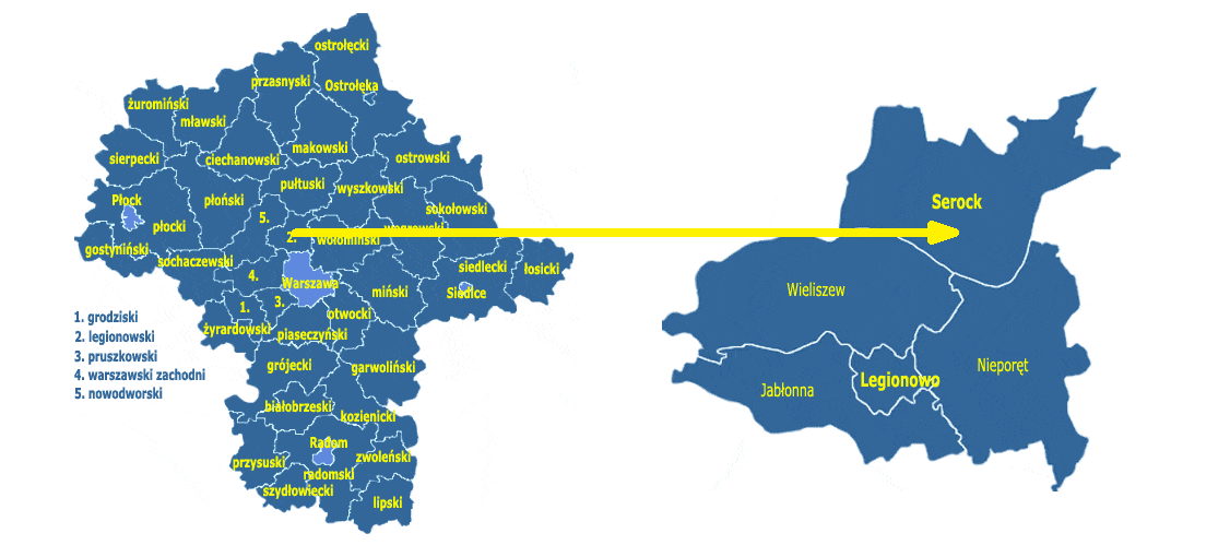 Rysunek 1. Położenie gminy Źródło: www.gminy.pl Do jednostek administracyjnych gminy należy miasto Serock, w którym znajduje się siedziba Urzędu Miasta i Gminy Serock, Osiedle Zegrze i 28