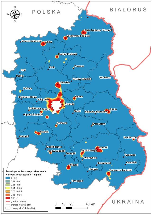 Jakość powietrza w strefie lubelskiej, odnotowane przekroczenia i ryzyka Wyniki modelowania dla roku 2013 średnioroczne stężenia BaP Według wyników modelowania ryzyko przekroczenia