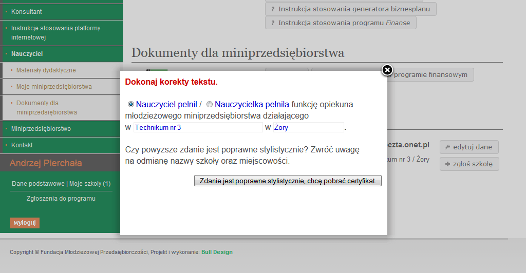 Informacje osobiste pobierz certyfikat Po potwierdzeniu prawidłowości wypełnionych danych