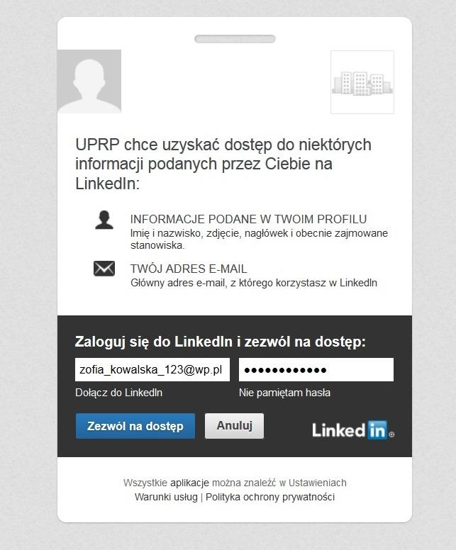 Logowanie portale społecznościowe Aby zalogować się na platformę przez portal LinkedIn, należy kliknąć ikonę portalu po prawej stronie w obszarze Logowanie, wpisać swój