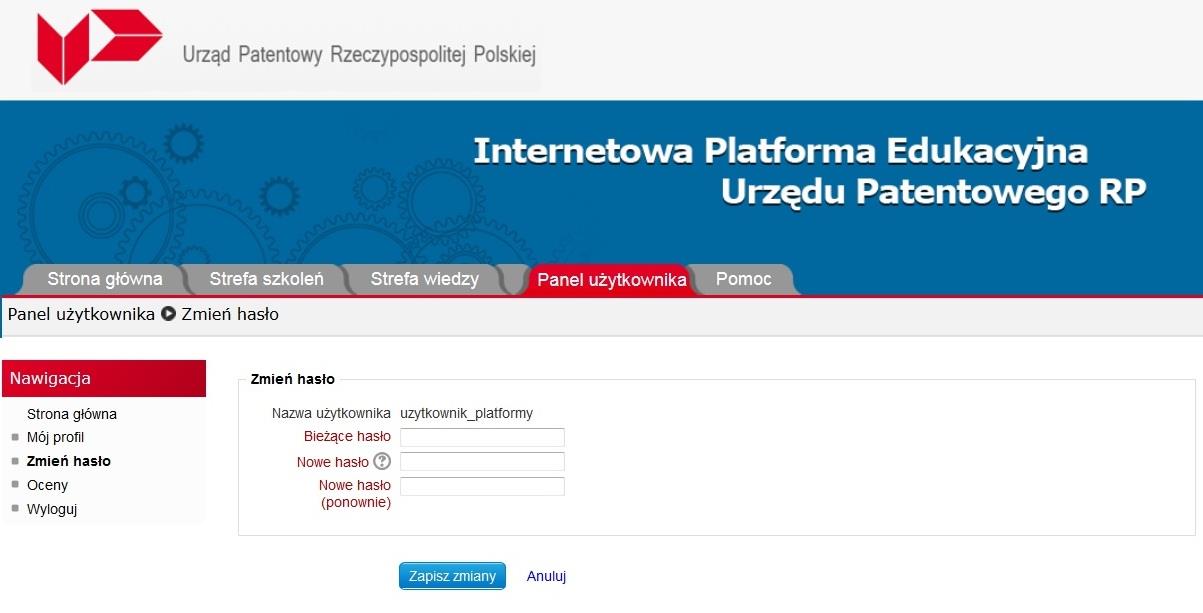 Panel użytkownika Dzięki opcji Zmień hasło mogą Państwo wprowadzić nowe hasło