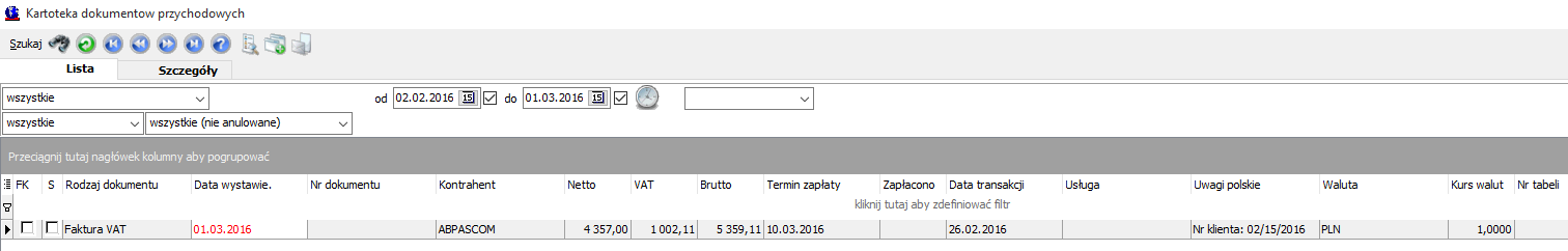 Generacja dokumentów przychodowych i kosztowych Po zatwierdzeniu system generuje dokument