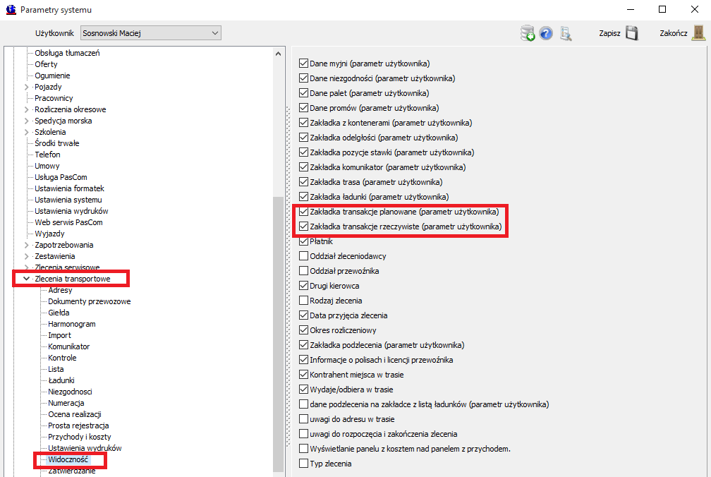 Zlecenie transportowe Transakcje planowane, parametry wymagane