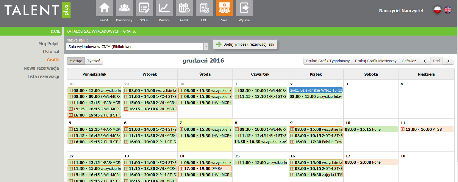 Grafiki zajętości sal Wykaz aktualnie zaplanowanych zajęć dla poszczególnych sal oznacza zarezerwowaną tylko