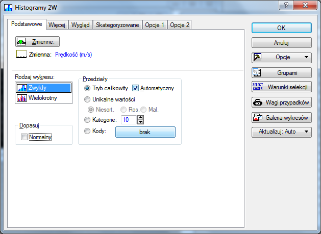 9 2.3 Histogramy Histogramy również można wykonad na kilka sposobów: 1) Klikając przycisk Histogramy w oknie Statystyki opisowe Rys. 6.