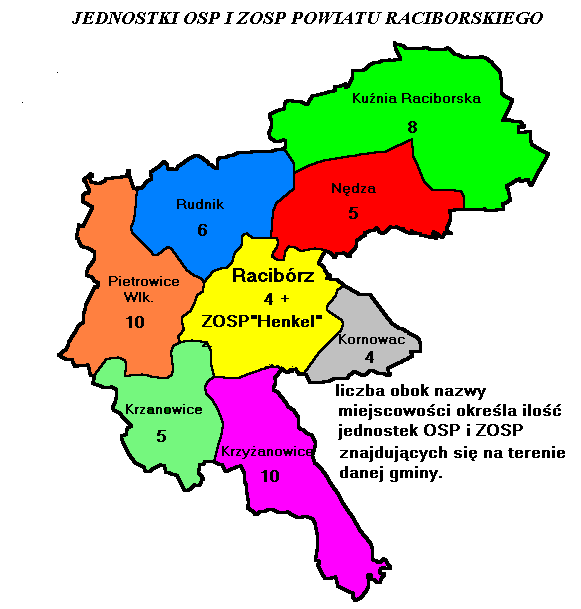 W poszczególnych gminach znajduje się następująca ilość jednostek OSP: 1) Miasto Racibórz - 4 jednostki OSP +1 jednostka ZOSP 2) Miasto i Gmina Kuźnia Rac.