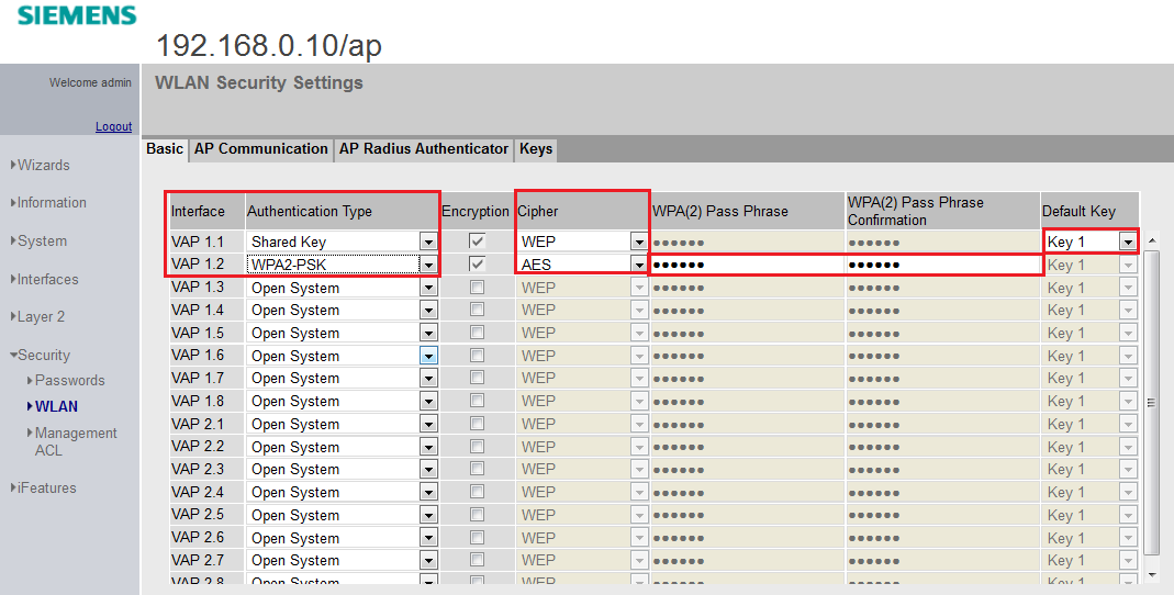 Krok 2. Przejdź do menu Security -> WLAN -> Basic.