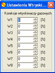 Okno te umoŝliwia procentową korekcję wtryskiwaczy gazowych. Dzięki tej opcji moŝliwe jest skorygowanie składu mieszanki na gazie dla poszczególnych cylindrów.