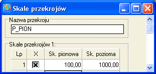zais wrowadzonych danych (rys. 6.4.1-4) do liku rofile.rt (rys. 6.4.5), Rys. 6.4.5. wciśnięcie ikony wykonaj rysunek rzekrojów, w ukazującym się oknie Skale rzekrojów (rys. 6.4.6) ustalenie skali ionowej 100 i oziomej 1000, o akcetacji OK rogram zakłada w rojekcie Niwelacja rofilów nową tabelę P-PION, tworzy formularz i maę rzekroju (rys.