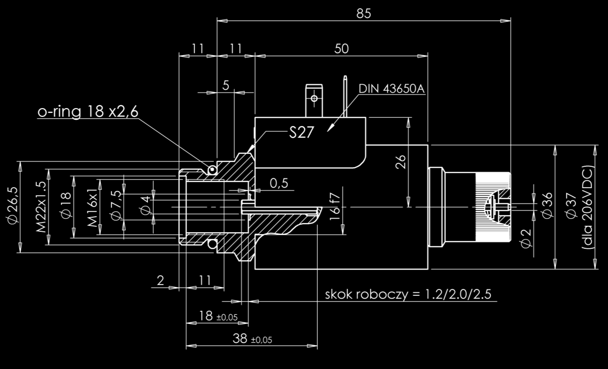 ELEKTROMAGNESY DO HYDRAULIKI EMSG-37BM Sterowanie rozdzielaczami hydraulicznymi w instalacjach hydrauliki siłowej. Elektromagnesy EMSG-37BM zasilane są prądem stałym i pracują w środowisku oleju.