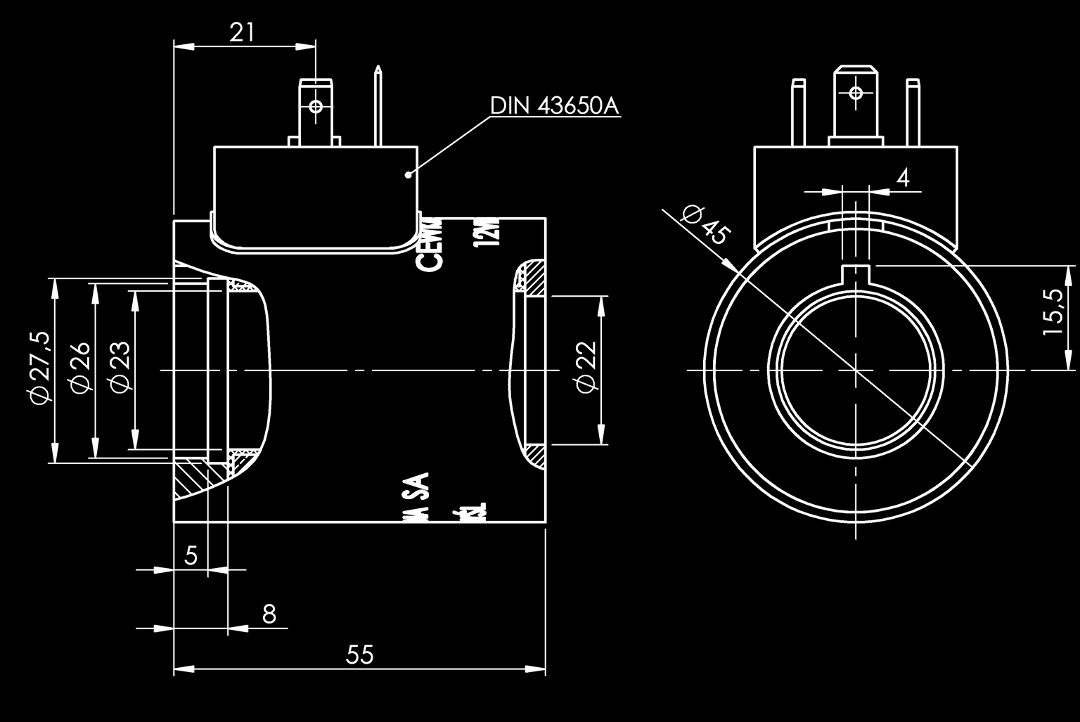 elektrozaworów do hydrauliki siłowej. Cewka 45.55 Korpus wykonany jest z metalu, malowany proszkowo standardowo w kolorze szarym.