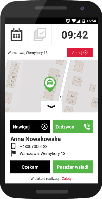 Na ekranie pojawia się imię i nazwisko, numer telefonu oraz adres klienta. Na mapie widać lokalizację Twoją i klienta.
