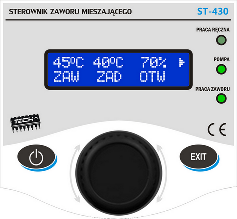 tech I. Zastosowanie Termoregulator typu ST-430 przeznaczony jest do obsługi zaworu mieszającego trój lub czterodrogowego z możliwością podłączenia dodatkowej pompy zaworu.