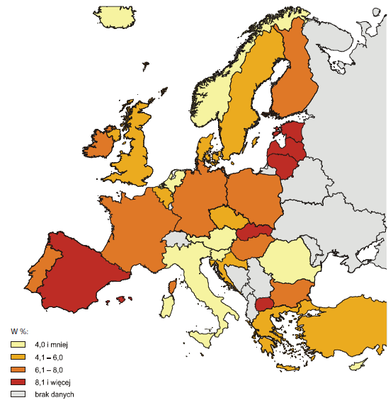 wszystkich krajach UE stopa bezrobocia kształtowała się w IV kwartale 2009 r. na poziomie 9,2% dla ogółu i 6,1% dla osób powyżej 50. roku życia (zob. mapka 1.2).