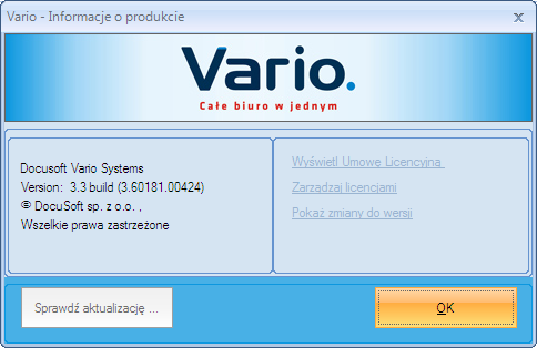 Instrukcja Instalacji Vario.OneOffice 26 Rys. 29 Informacja o programie 4.5 Plik konfiguracyjny Vario Plik konfiguracyjny Vario (DocuSoft.Vario.Client.exe.