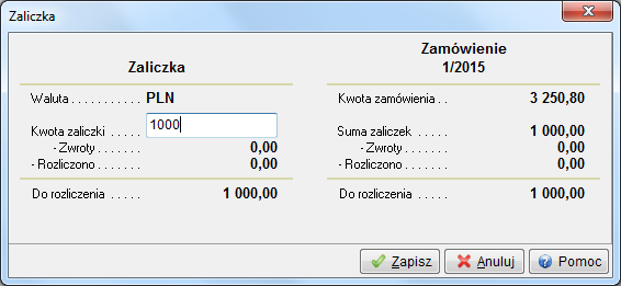 Wybieramy jedno z zamówień, do którego przyjmujemy zaliczkę, dwukrotnym kliknięciem myszki bądź za pomocą ikony Wybierz i zamknij.