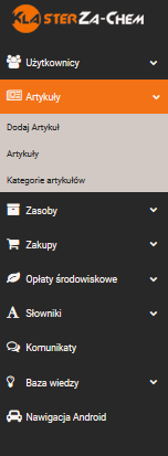 2. Menu zaplecza Menu zostało podzielone na dwie części menu boczne umożliwia przejście do poszczególnych funkcjonalności Systemu. 2.1. Menu boczne 2.2. Menu górne Górne menu umożliwia dodanie poszczególnych rekordów we właściwych sekcjach.