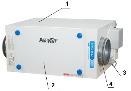 3. BUDOWA CENTRALI Centrala Mistral 250 Centrala Mistral MINI ELEMENTY CENTRALI 1. Obudowa centrali. 2. Pokrywa inspekcyjna. 3. Przewód zasilający 230 V / 50 Hz. 4.