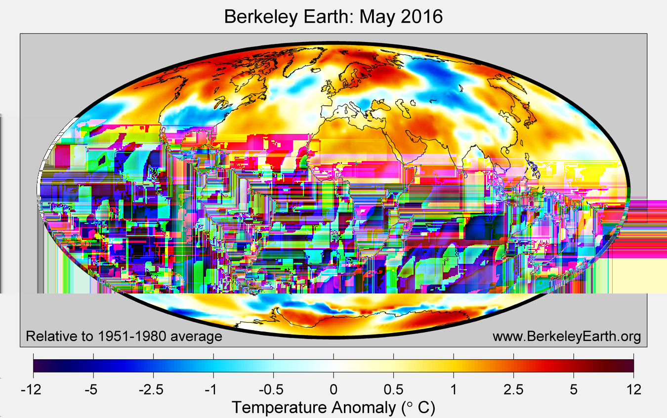 Berkeley Earth: globalnie Podsumowanie maja 2016 za Berkeley podsumowanie można znaleźć tutaj. Maj Earth. 2016 Poprzednie Anomalia (ląd): +1.08 ± 0.07K (1951-1980), +1.62 ± 0.