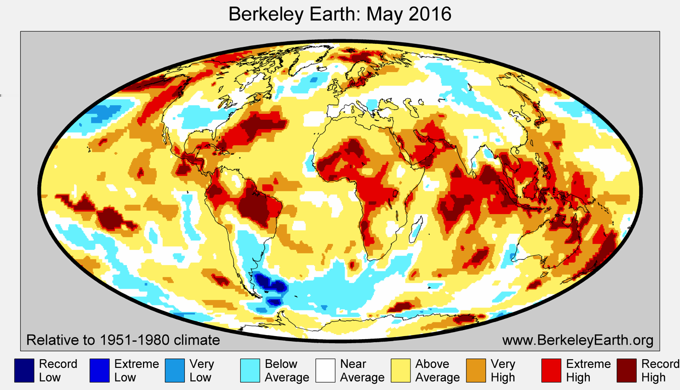 Powyżej: Charakterystyka miesięczna maj 2016. Poniżej: Powierzchnia miesięcznej. globu Rekordowo zimno: 0.2% Ekstremalnie zimno: 0.04% Bardzo zimno: 0.76% Poniżej średniej: 9.