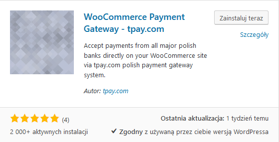 1. WYMAGANIA Instrukcja dotyczy instalacji modułu płatności tpay.com dla skryptu Woocommerce w wersji 2.2.x działającego w Wordpressie 4.6.1. Moduł był testowany na systemie zbudowanym z wersji Woocommerce 2.