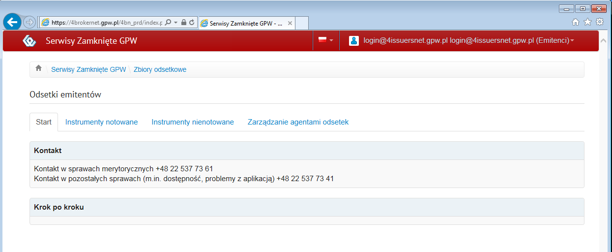 W przeglądarce internetowej pojawi się strona początkowa aplikacji z dostępnym menu w postaci: - Start naciśnięcie tego linka spowoduje zawsze powrót do tej strony - Instrumenty notowane pozwala