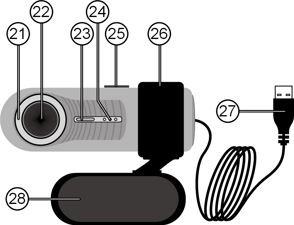 Dostarczona kamera internetowa (opcjonalna) 21 - Pierścień ogniskowej 22 - Obiektyw 23 - Dioda LED