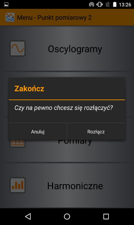 Rys. 10. Ekran harmonicznych. 2.6 Rozłączanie aktywnego połączenia Aby rozłączyć się z analizatorem, należy na ekranie menu głównego (Rys.