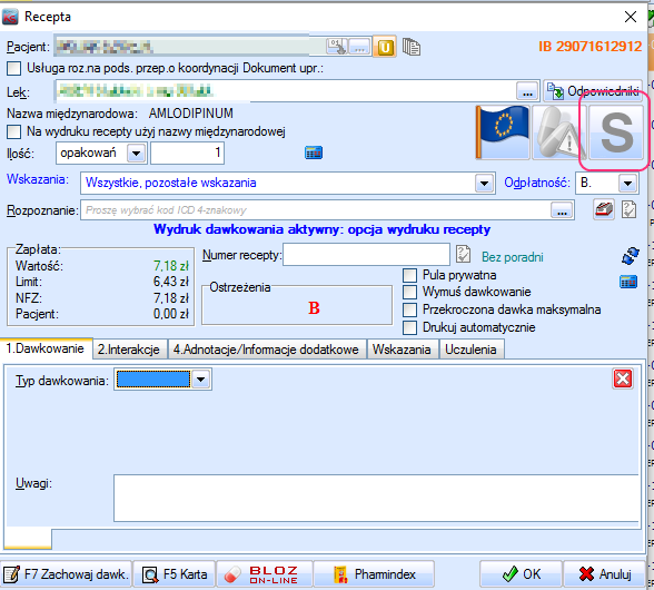 Na karcie recepty pojawił się przycisk oznaczony literą S.