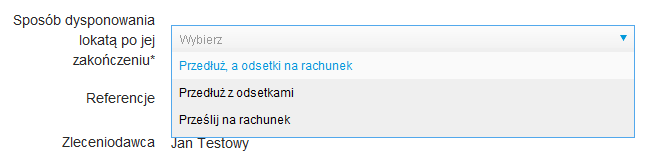 Formularz nowej lokaty zawiera następujące pola: Załóż lokatę: Typ lokaty* lista dostępnych lokat, Kwota * kwota zakładanej lokaty w walucie rachunku, Z rachunku* pole, w którym należy wybrać