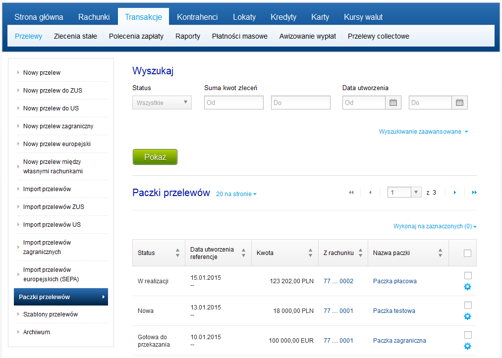 W celu wyświetlenia szczegółów paczki należy kliknąć na jej nazwę. Okno szczegółów paczki zostało opisane w rozdziale Transakcje > Przelewy > Paczki przelewów.