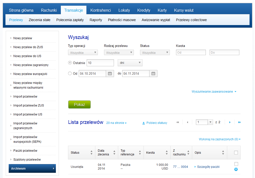 Archiwum System udostępnia Użytkownikom funkcję automatycznej archiwizacji przelewów i paczek o statusie zamkniętym zakończonych, odrzuconych, anulowanych lub usuniętych.